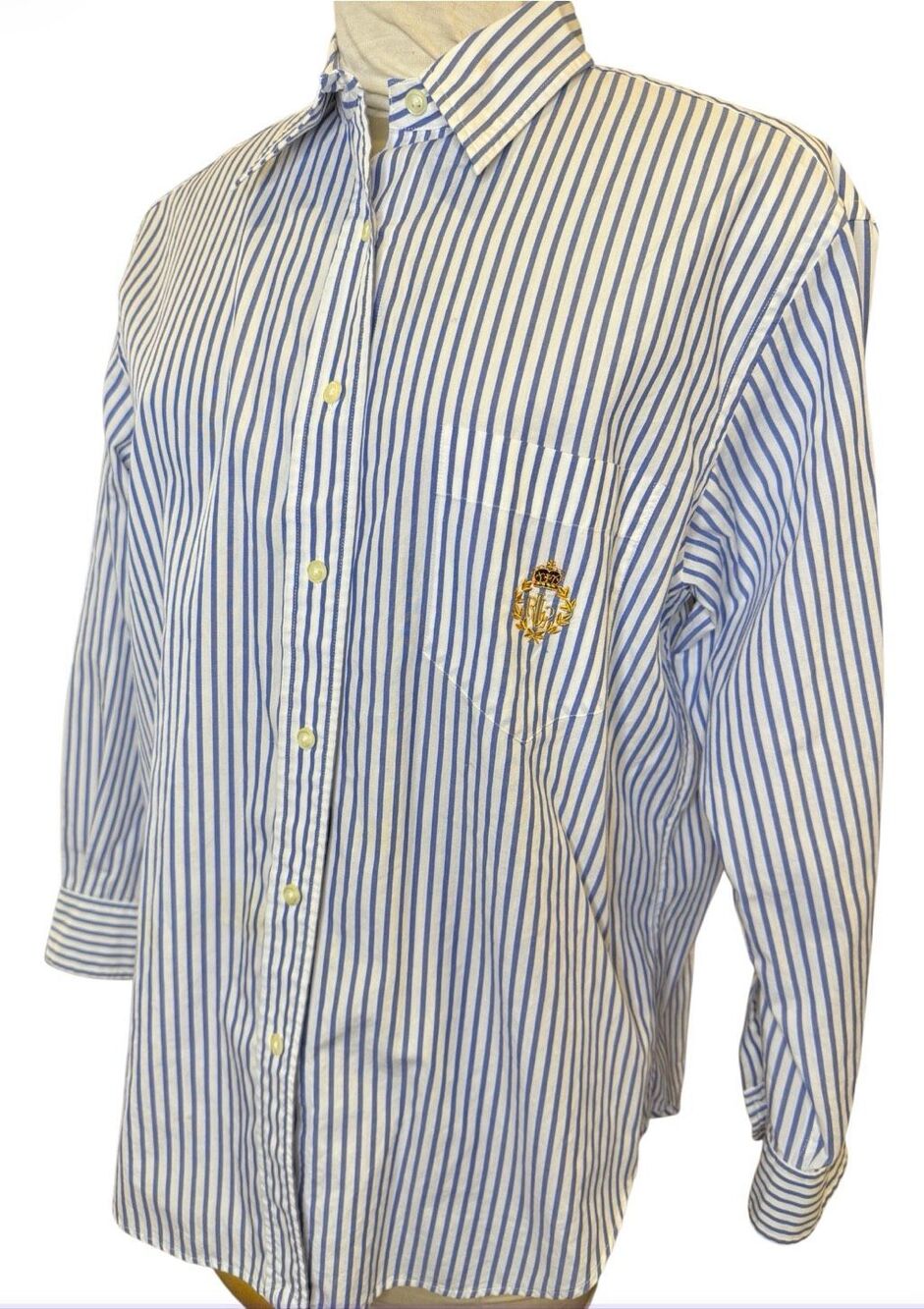 Lauren Ralph Lauren Vertical Stripe Button Front Blouse Large Vintage Crest - Picture 3 of 11